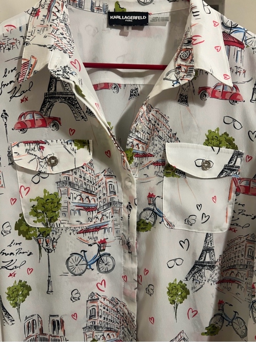 Karl Lagerfeld White Paris Sketch Button-Front Shirt with Red and Green Accents - Picture 7 of 9